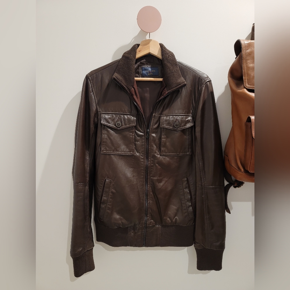 ZARA Size S Lambskin Leather Bomber Baseball Jacket Dark Brown